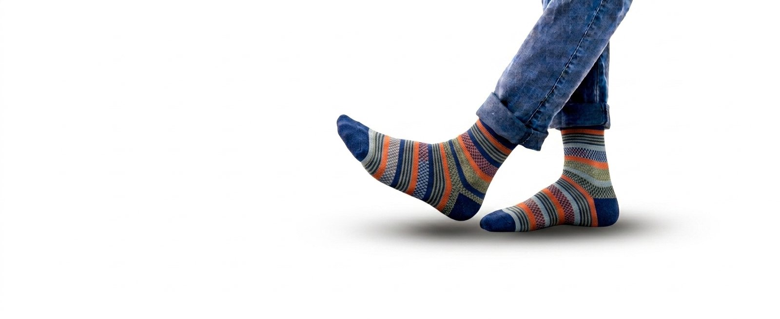 Model wearing striped socks, color combination 3